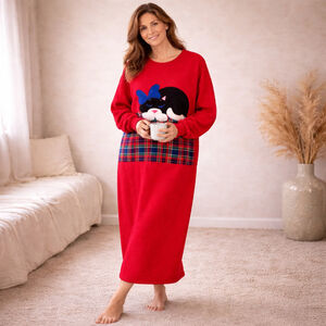 Polar Bear Wear Red Fleece Cat Applique Plaid Vintage Nightgown One Size Cozy